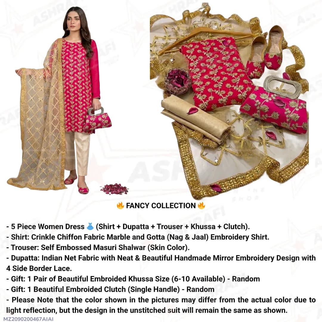 Fancy 5-Piece Pink Chiffon Embroidered Suit Set for Women