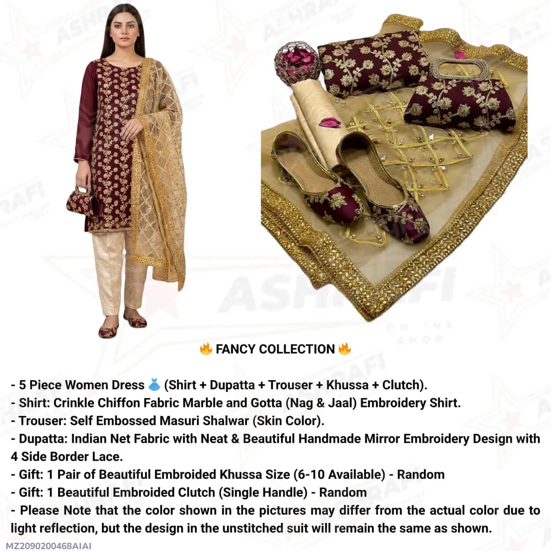 Fancy 5-Piece Women Suit Set Maroon Embroidered for Eid & Weddings