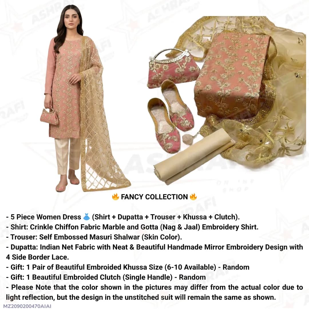 Fancy 5-Piece Women Suit Peach Embroidered Khussa Clutch Set