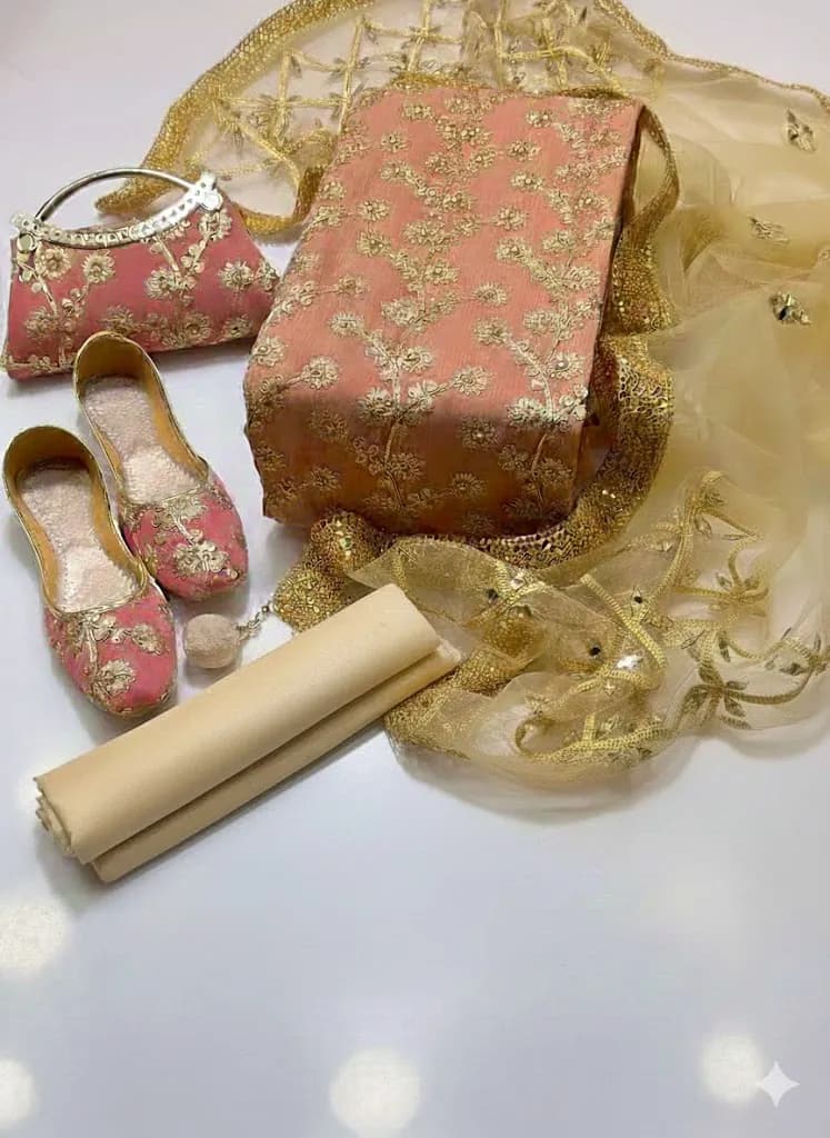 Fancy 5-Piece Women Suit Peach Embroidered Khussa Clutch Set
