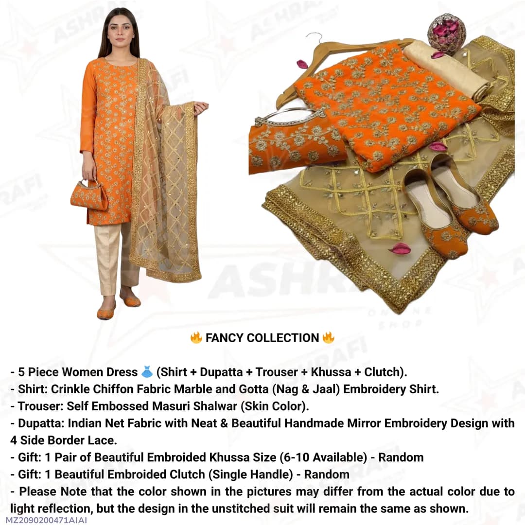 Fancy 5-Piece Embroidered Khussa Suit for Women Orange Eid Wedding Party Wear