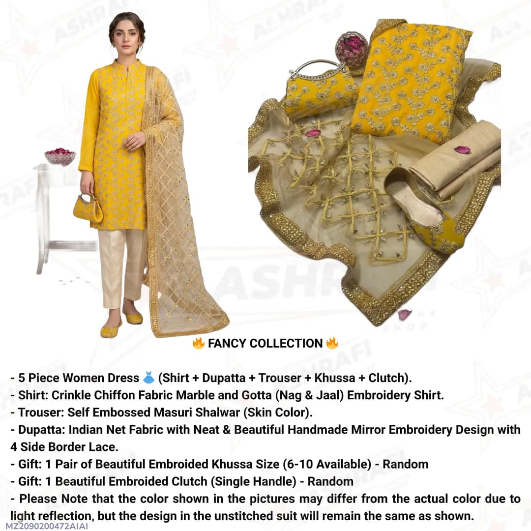 Fancy Eid 5-Piece Embroidered Khussa Suit Yellow for Women