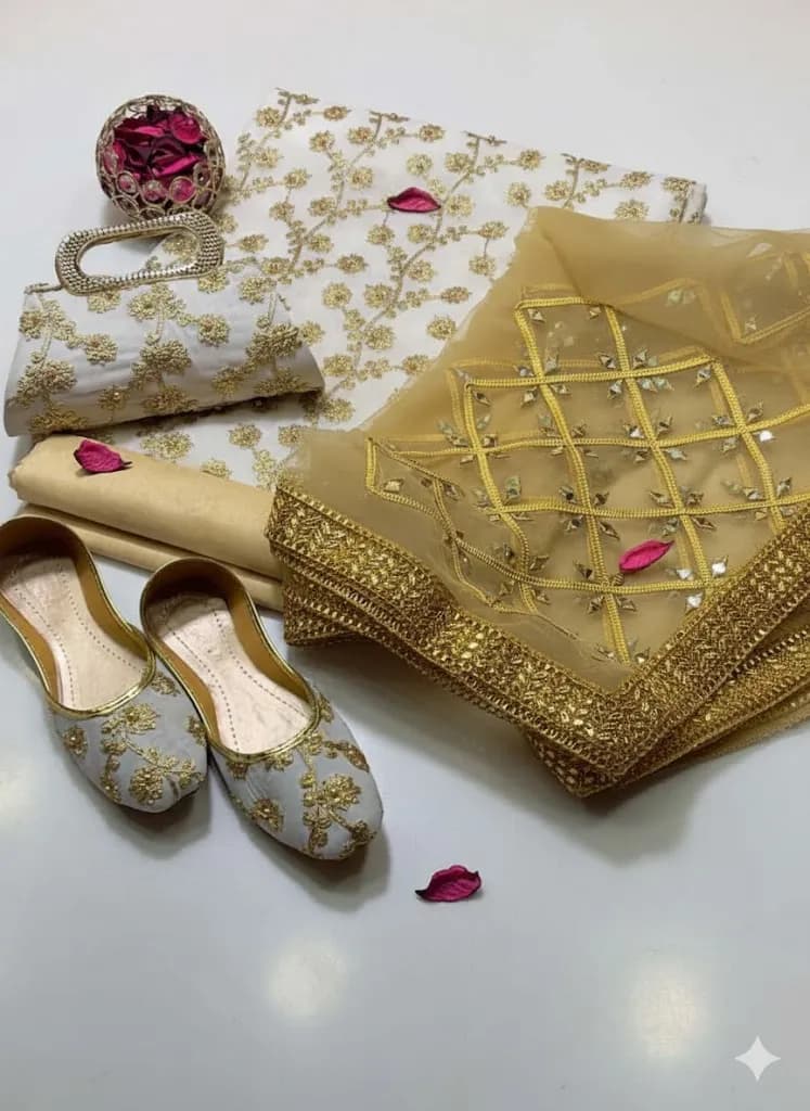 Fancy Collection 5-Piece Women's Embroidered Suit with Khussa & Clutch