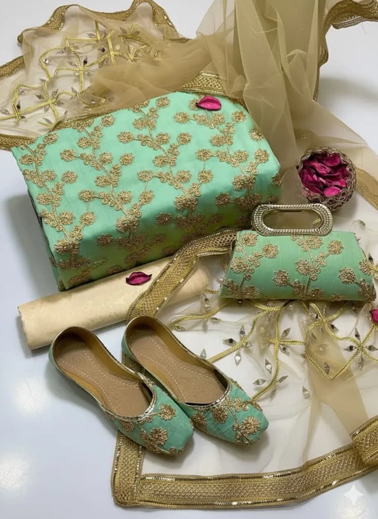 Premium Embroidered 5-Piece Suit for Women - Green Floral Design