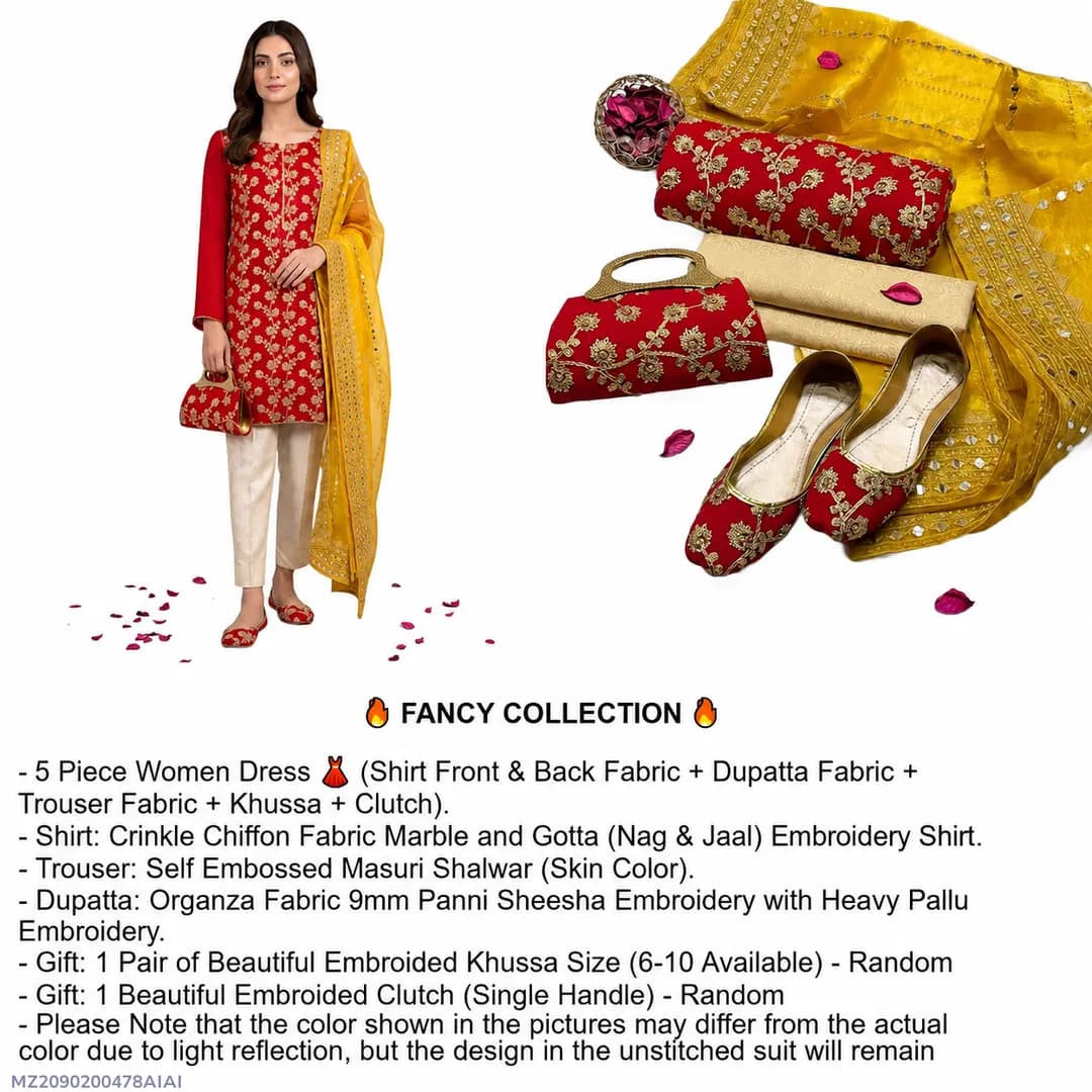 Fancy 5-Piece Women Suit Red Embroidered Khussa Set