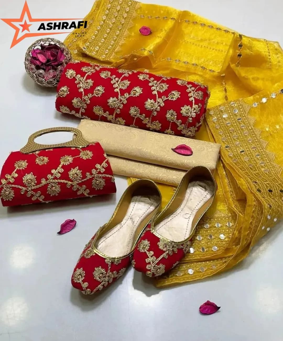 Fancy 5-Piece Women Suit Red Embroidered Khussa Set