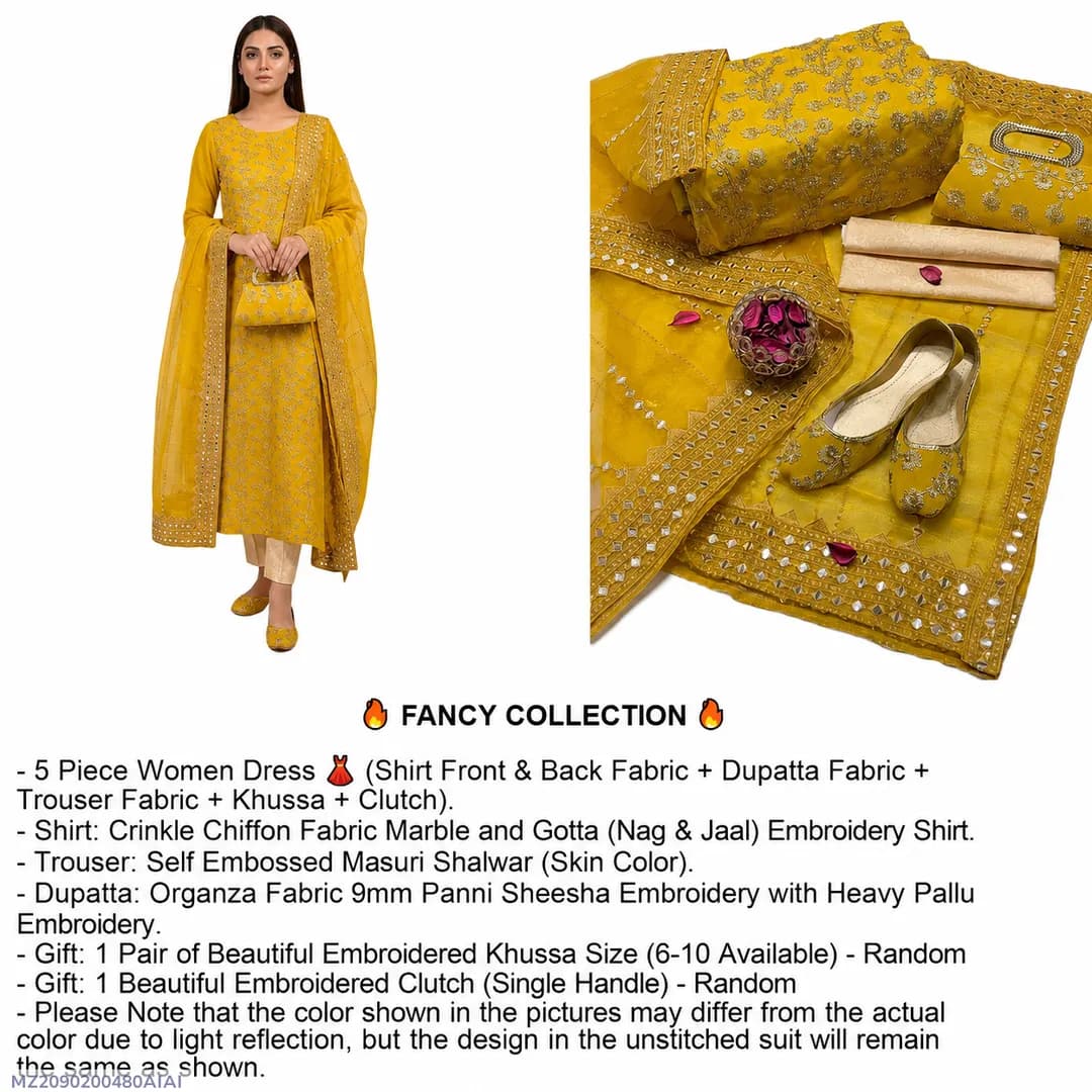 Fancy Collection 5-Piece Women Suit Yellow Embroidered Set