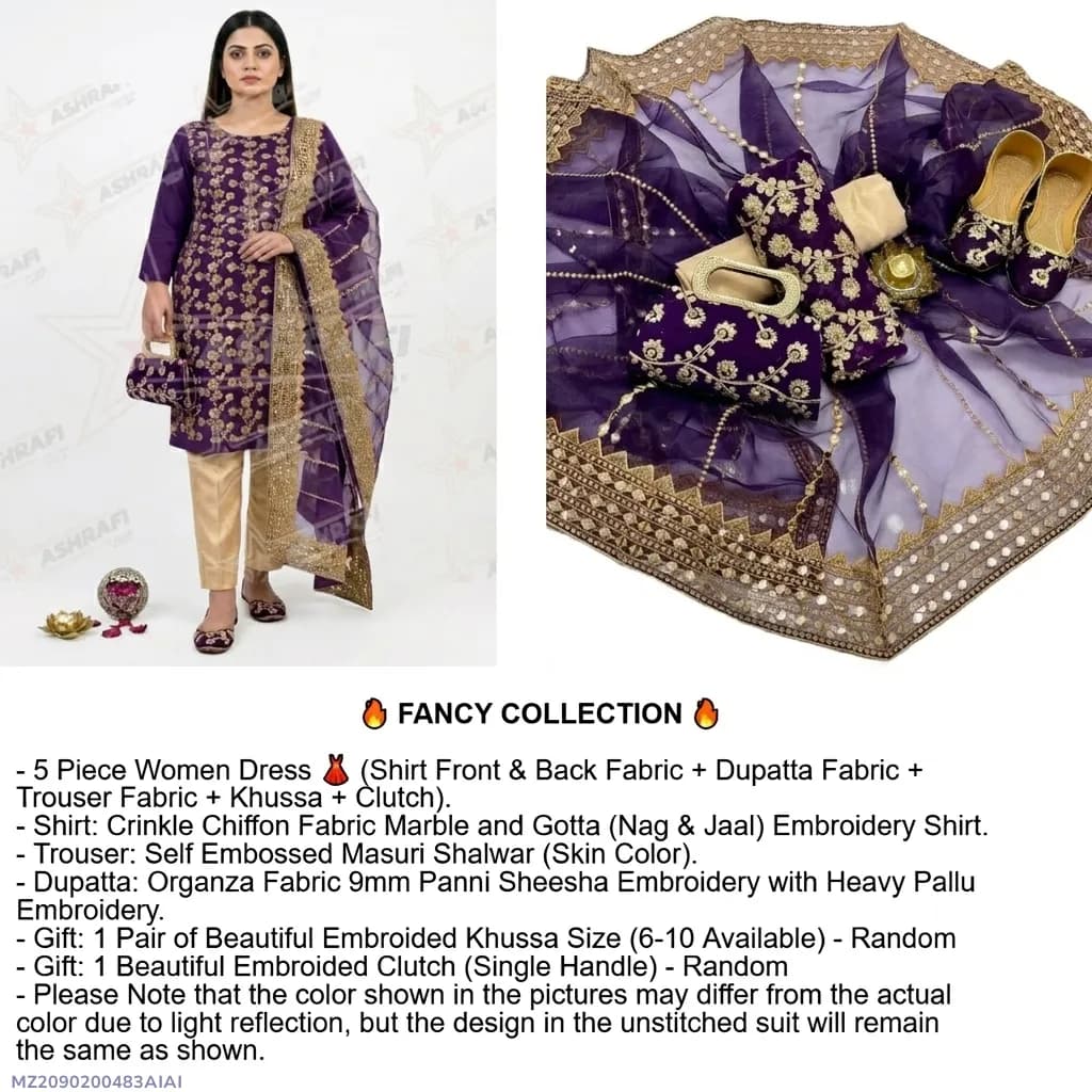 Fantasy Collection 5-Piece Purple Embroidered Women Suit with Khussa & Clutch