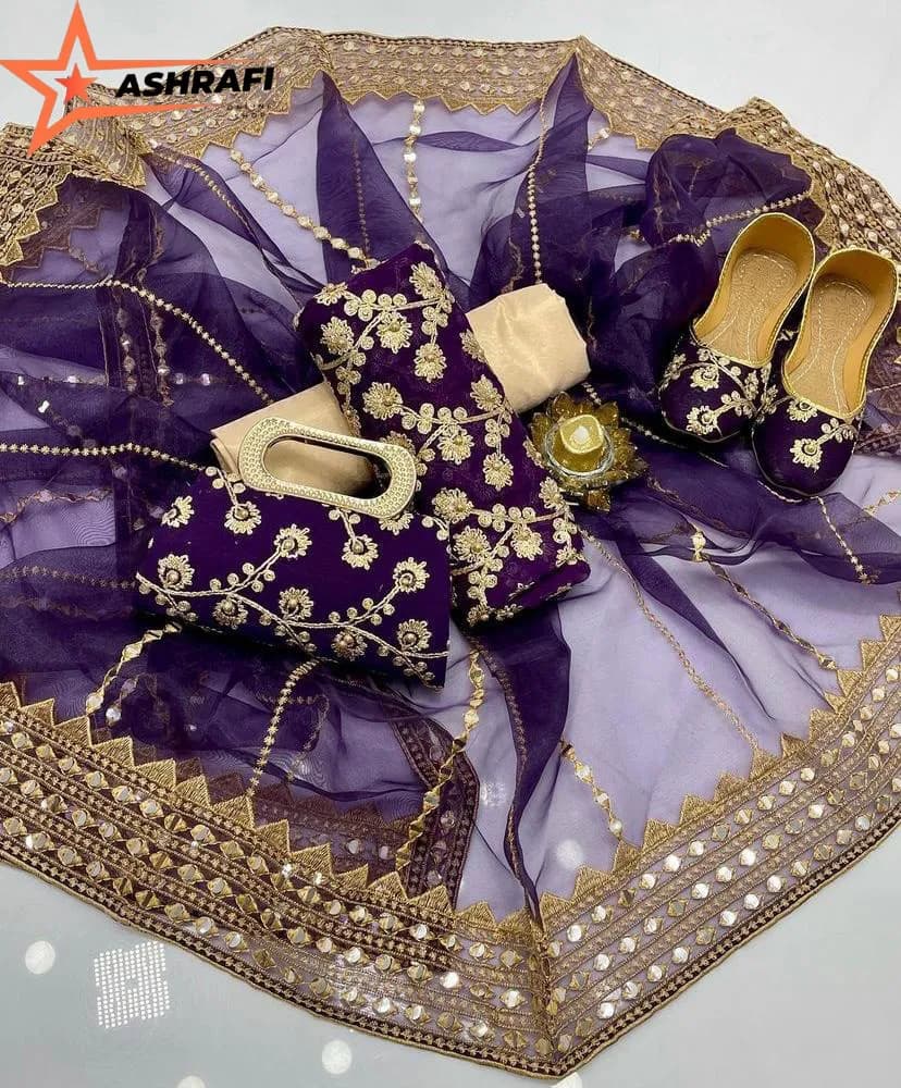 Fantasy Collection 5-Piece Purple Embroidered Women Suit with Khussa & Clutch