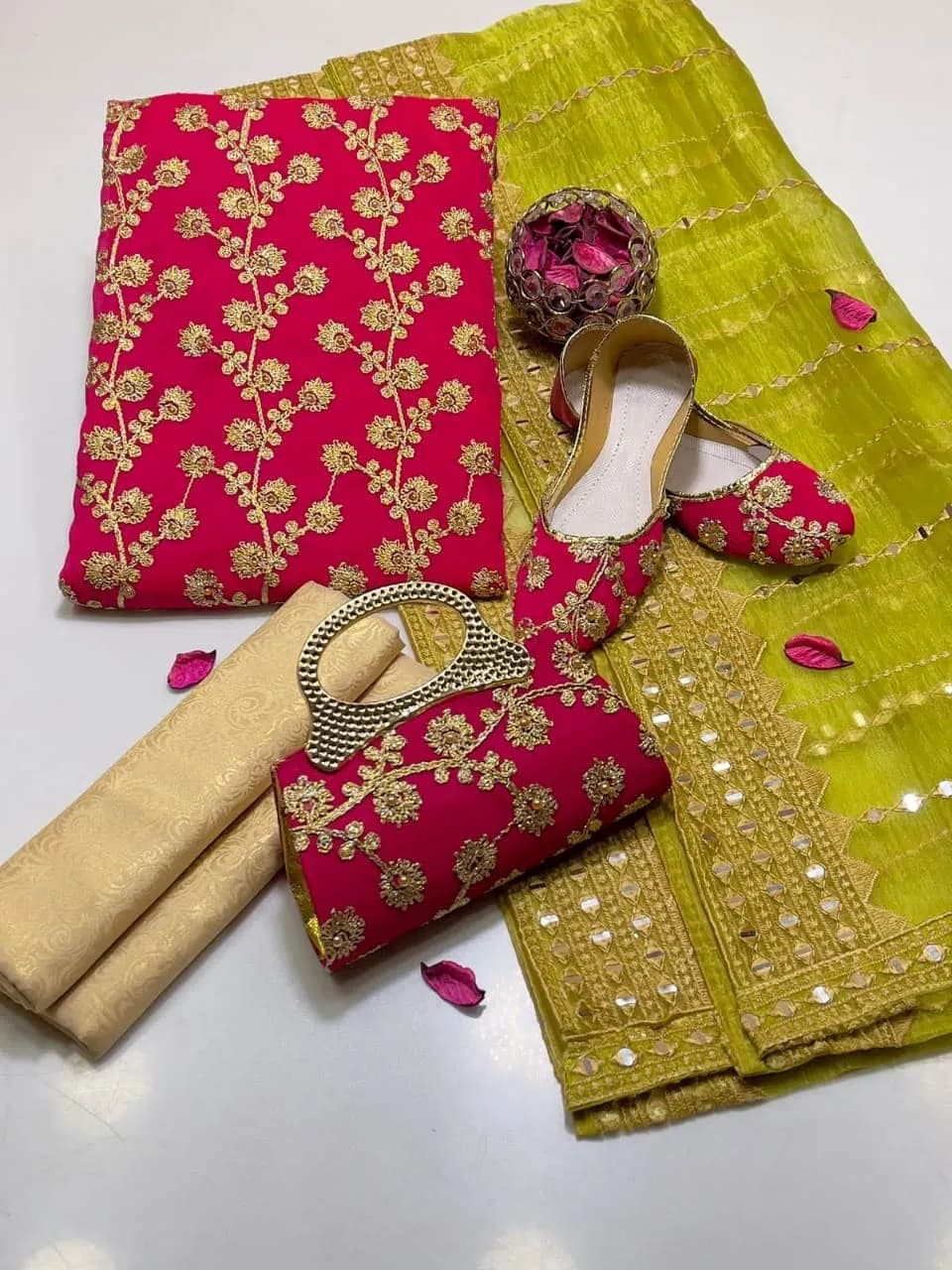 Fancy 5-Piece Pink Embroidered Chiffon Suit for Women with Khussa & Clutch