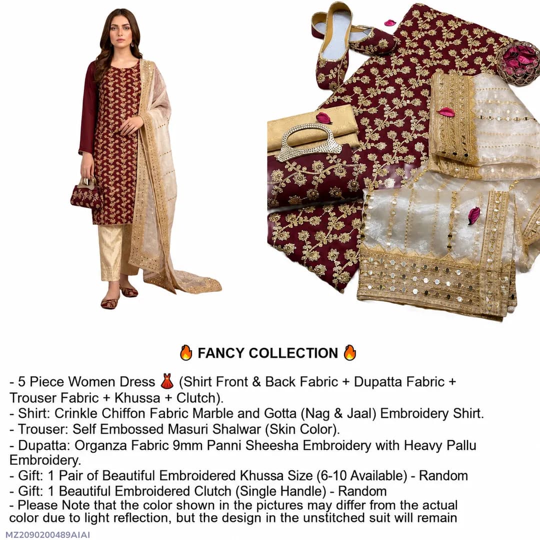 Fancy Collection 5 Piece Women’s Suit – Crinkle Chiffon Marble & Gotta Embroidery | Masuri Trouser | Organza Sheesha Embroidery Dupatta | Embroidered Khussa & Clutch Gift Set