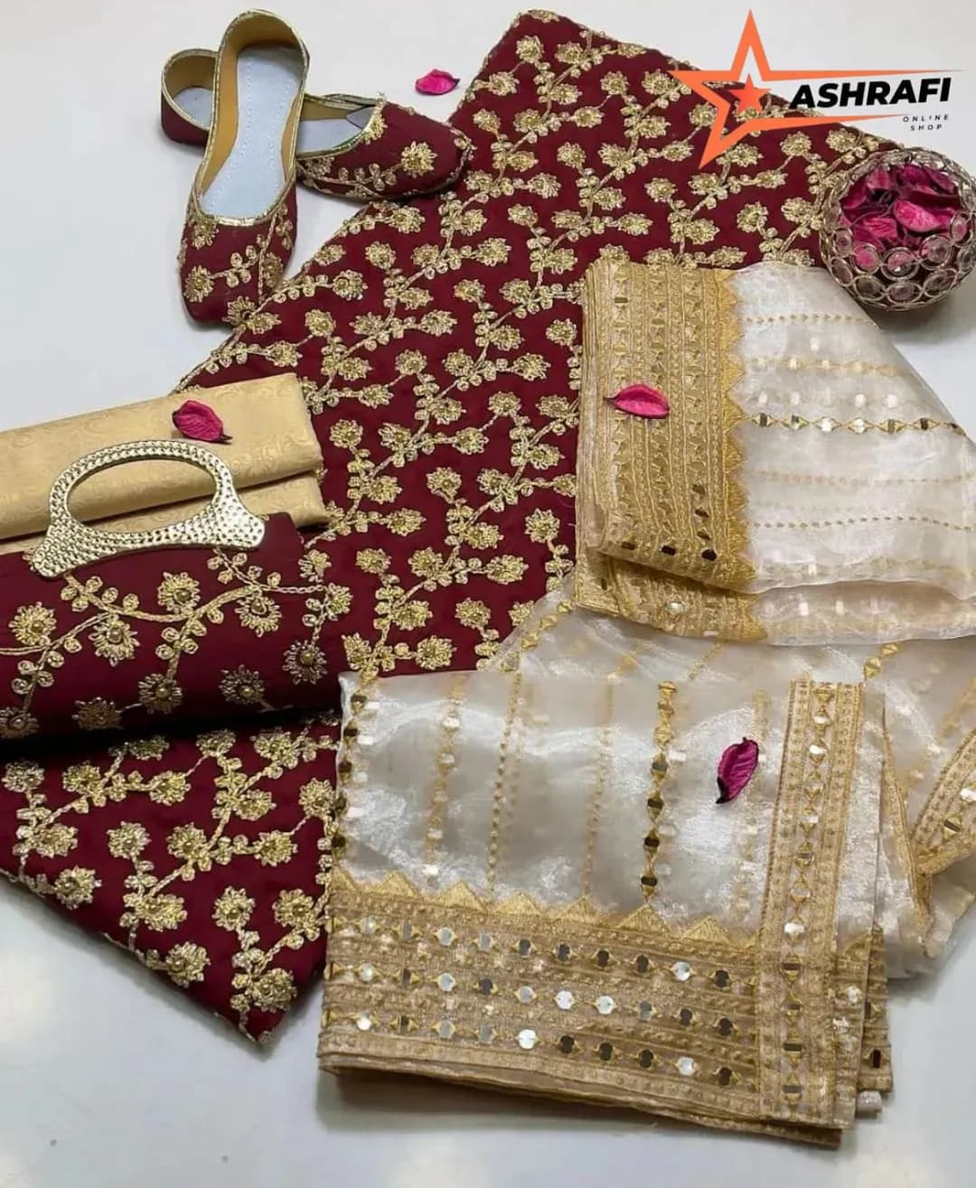 Fancy Collection 5 Piece Women’s Suit – Crinkle Chiffon Marble & Gotta Embroidery | Masuri Trouser | Organza Sheesha Embroidery Dupatta | Embroidered Khussa & Clutch Gift Set