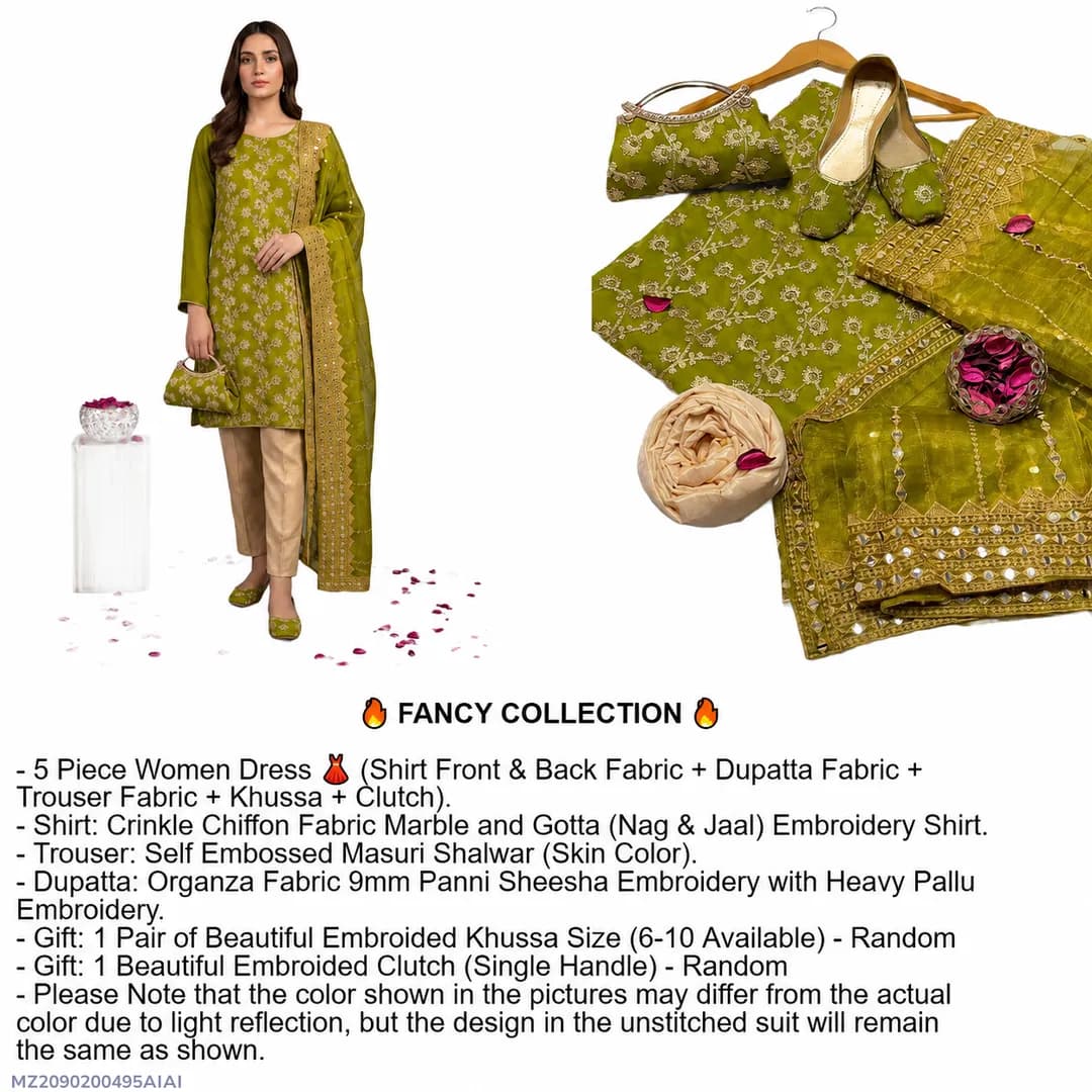 Fantasy Collection Embroidered Khussa Suit Green 5Pcs Unstitched Eid Party Wear