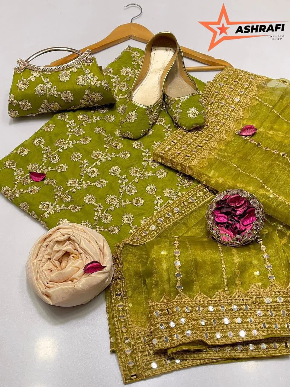 Fantasy Collection Embroidered Khussa Suit Green 5Pcs Unstitched Eid Party Wear