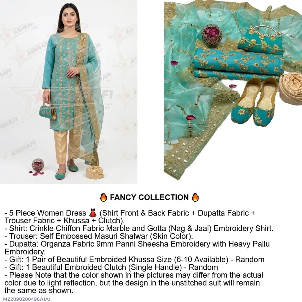 Fancy 5-Piece Green Embroidered Khussa Suit for Women