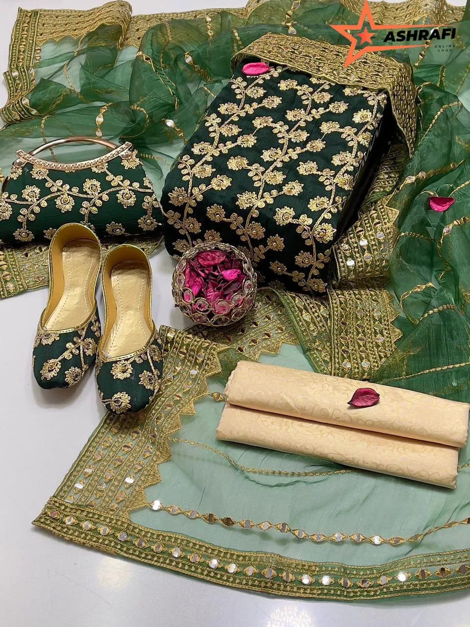 Fantasy Collection 5-Piece Green Embroidered Women Suit with Khussa Gift Set