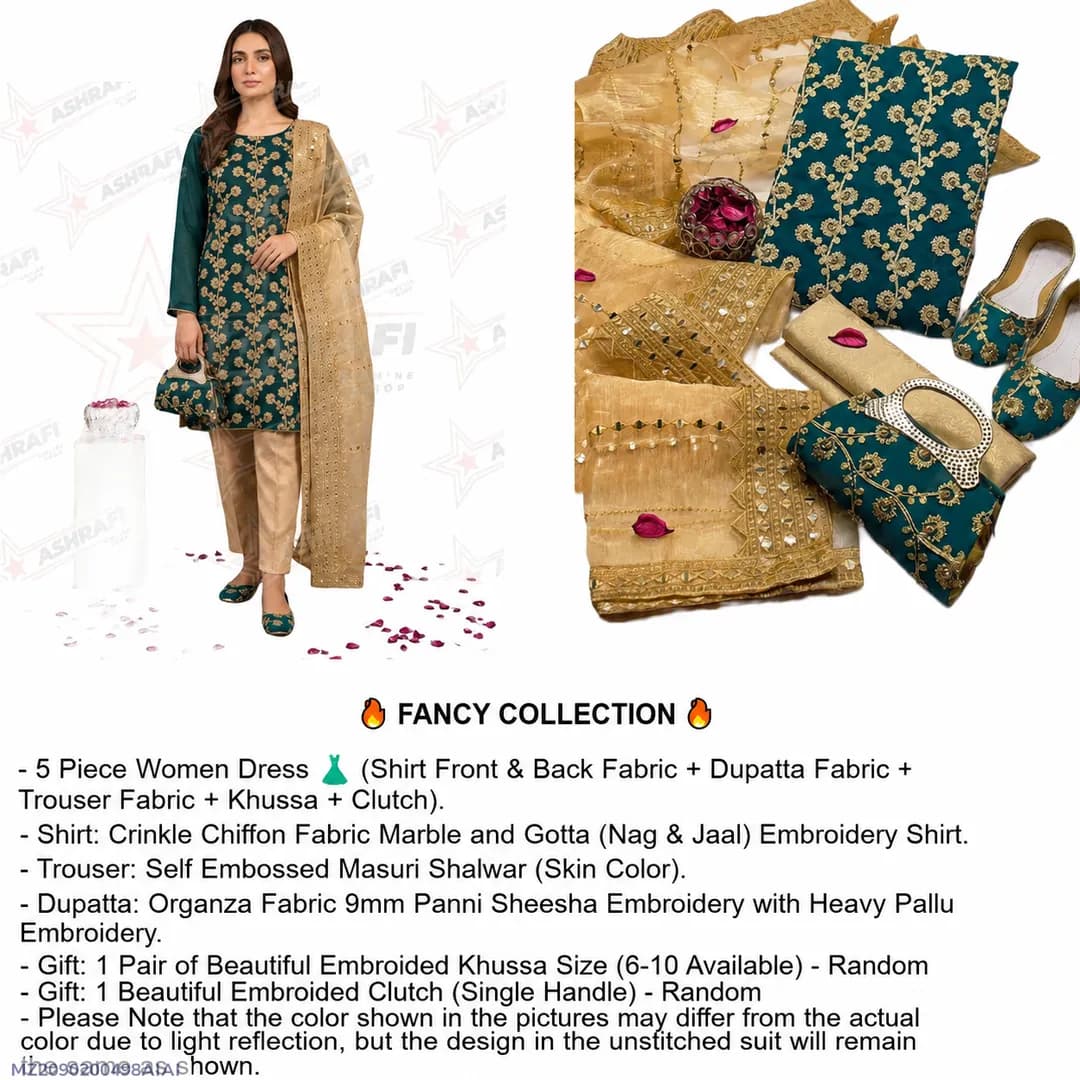 Fancy 5-Piece Women Suit Green Embroidered Khussa Set