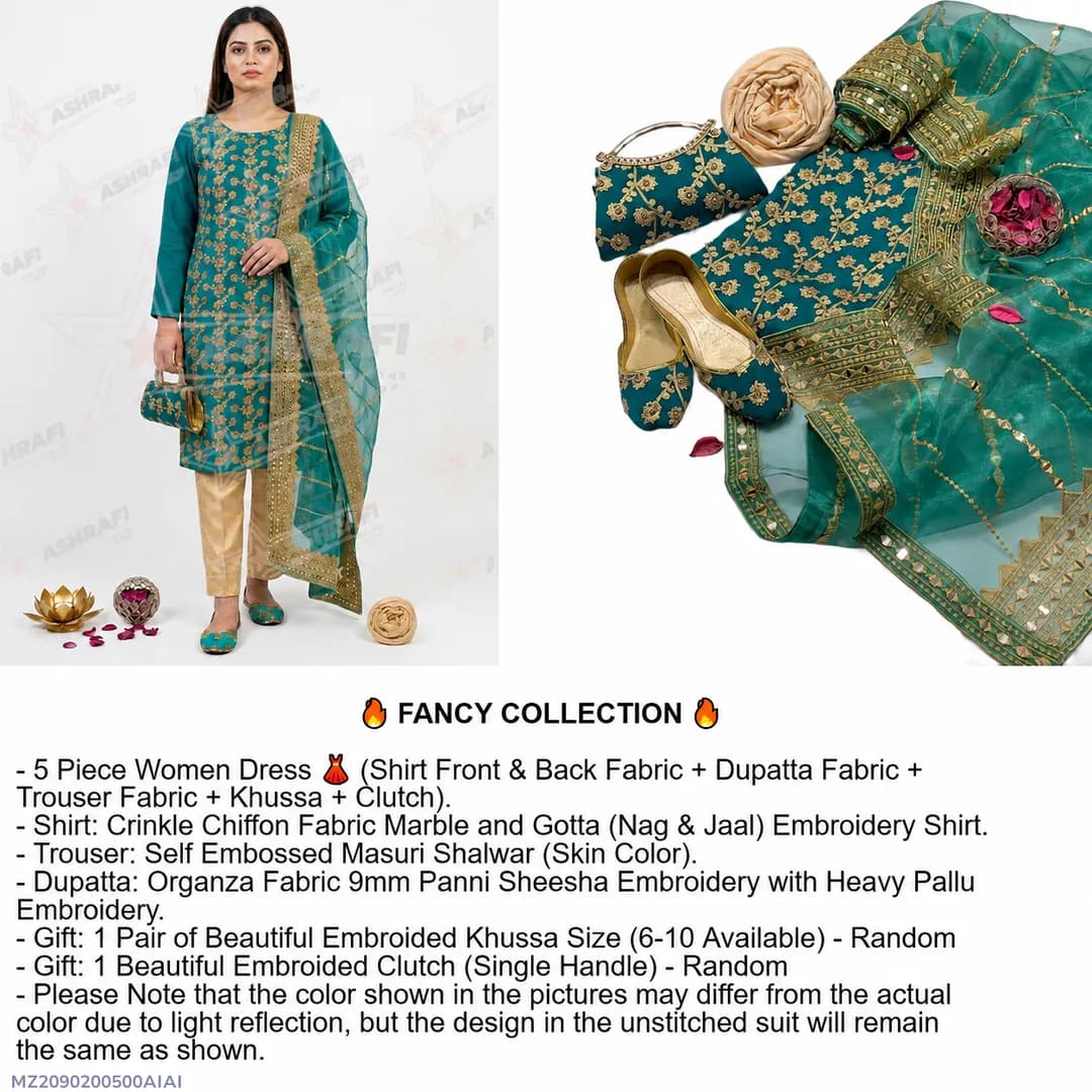 Fantasy Collection 5-Piece Green Embroidered Women Suit with Khussa & Clutch