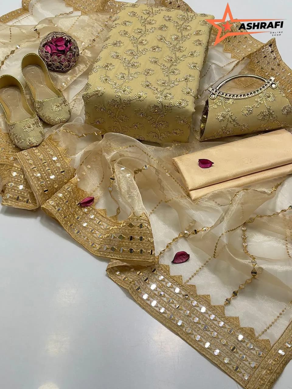 Fancy 5-Piece Women Suit Golden Embroidered Khussa Set