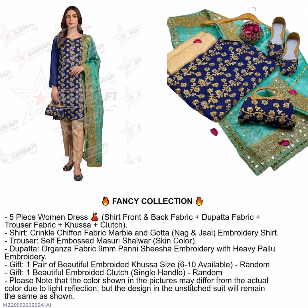 Fancy 5-Piece Embroidered Women Suit Blue Organza Dupatta Eid Wedding Party Wear