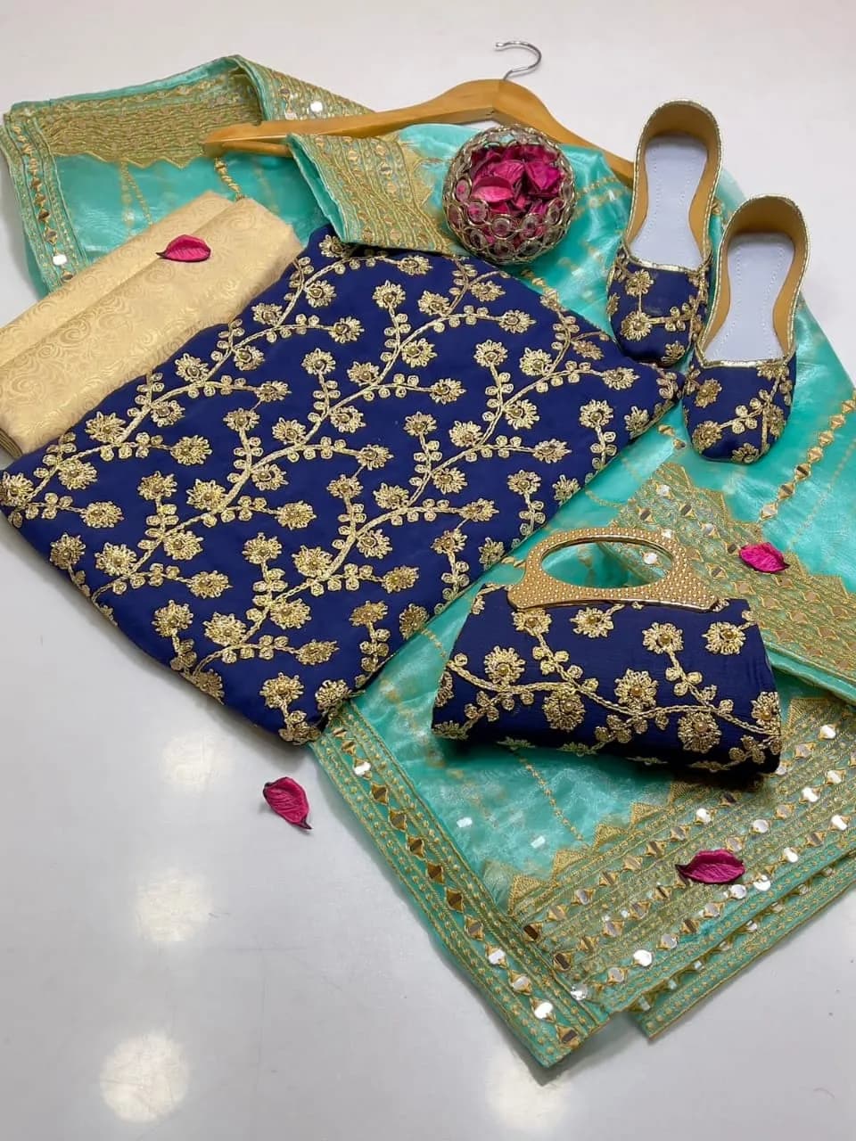 Fancy 5-Piece Embroidered Women Suit Blue Organza Dupatta Eid Wedding Party Wear