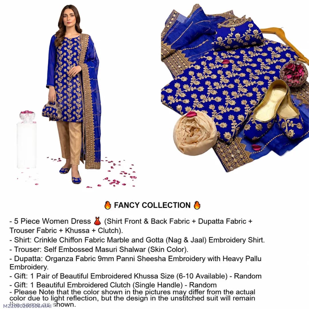 Fancy 5-Piece Women's Blue Embroidered Suit with Khussa & Clutch