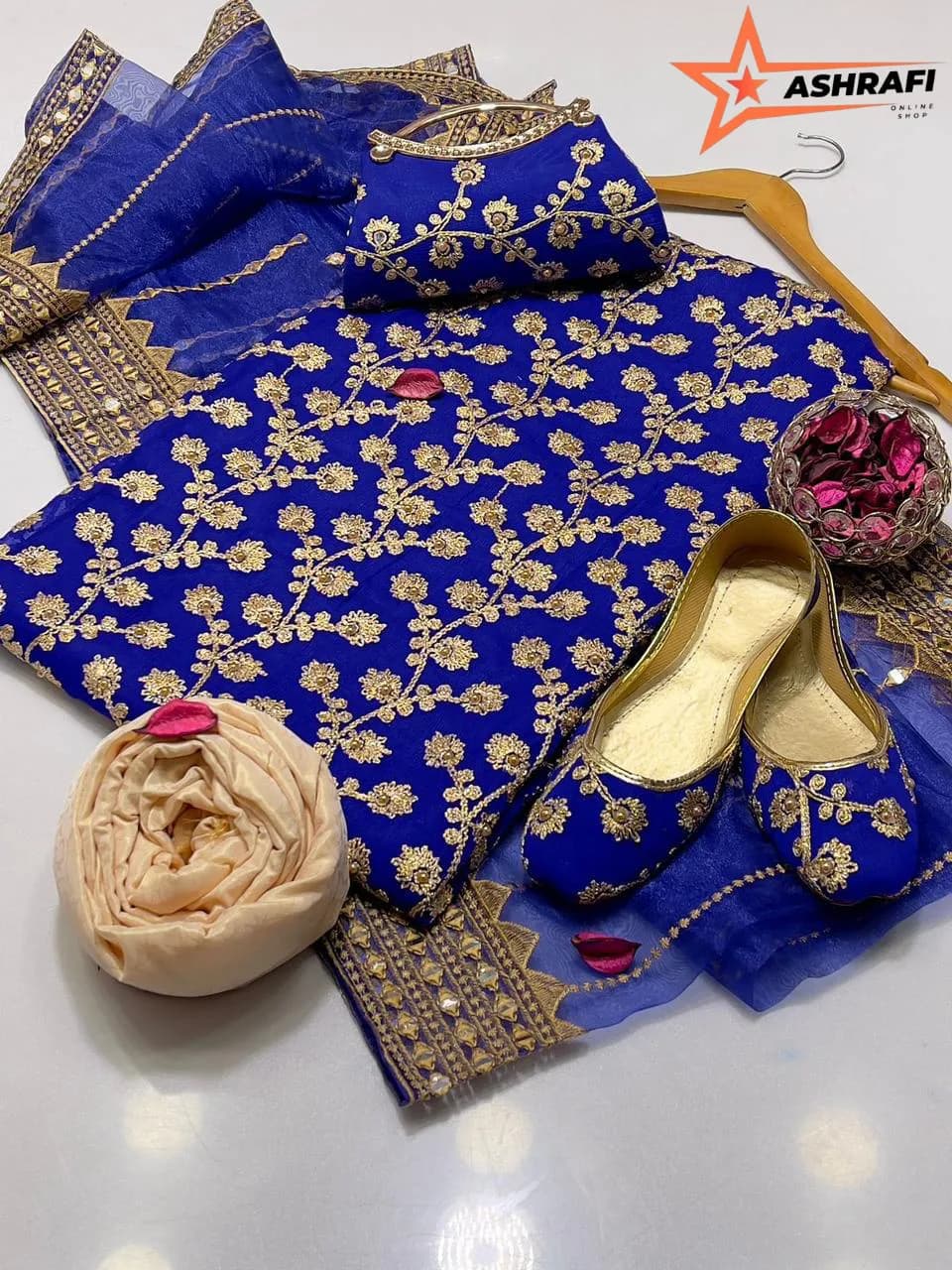 Fancy 5-Piece Women's Blue Embroidered Suit with Khussa & Clutch
