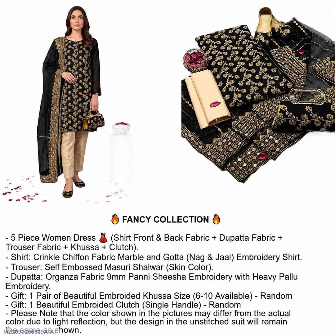 Fancy 5-Piece Embroidered Women Suit Black Organza Dupatta Khussa Gift Set