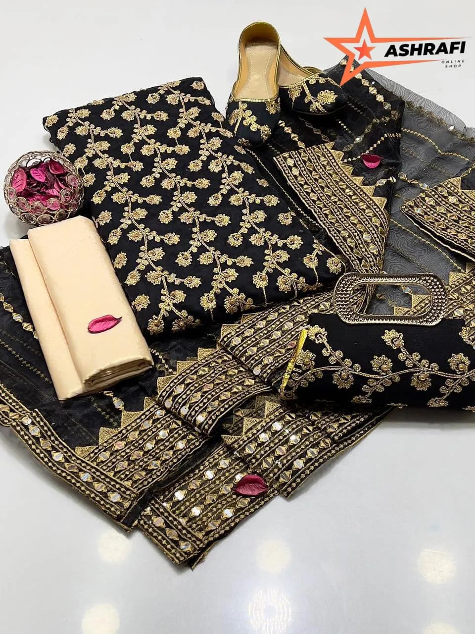Fancy 5-Piece Embroidered Women Suit Black Organza Dupatta Khussa Gift Set