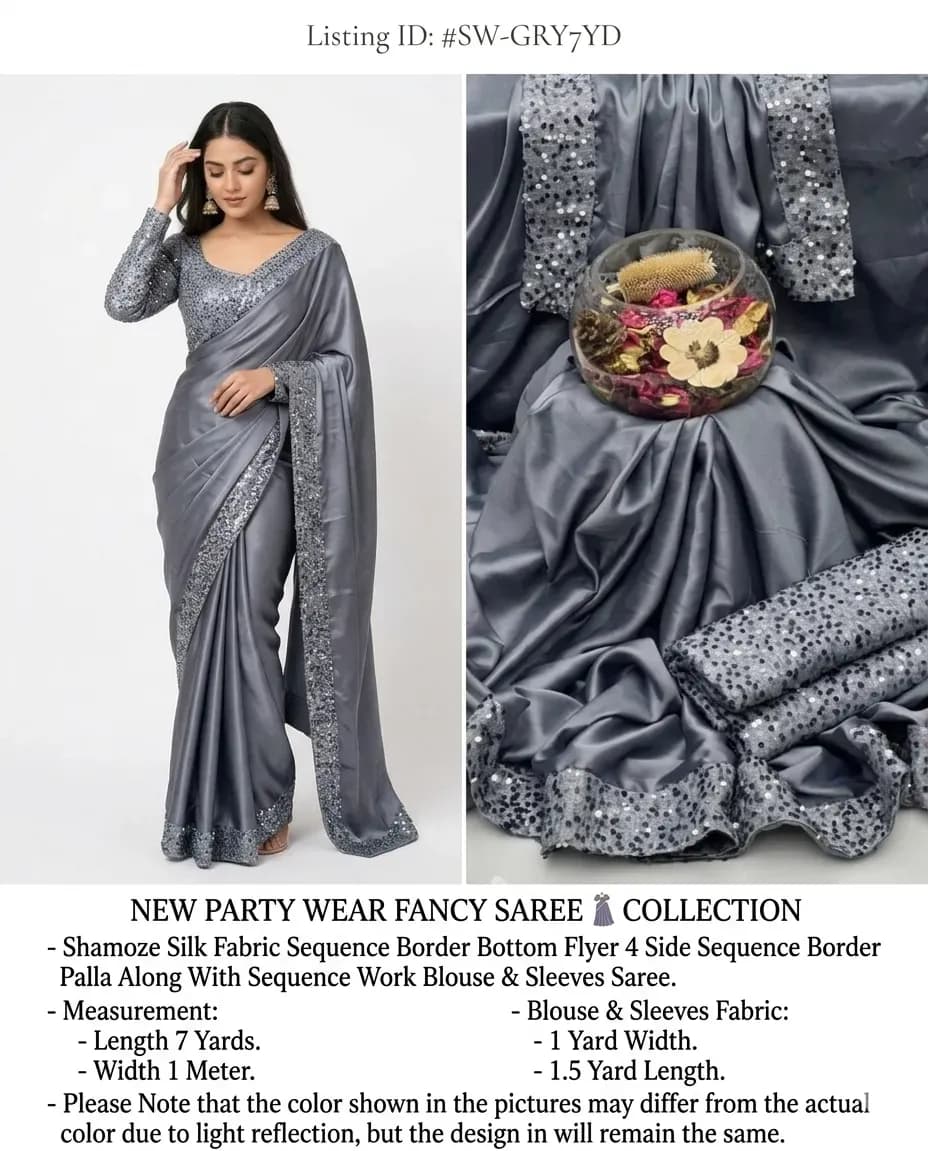Grey Sequins Embroidered Saree Set for Women