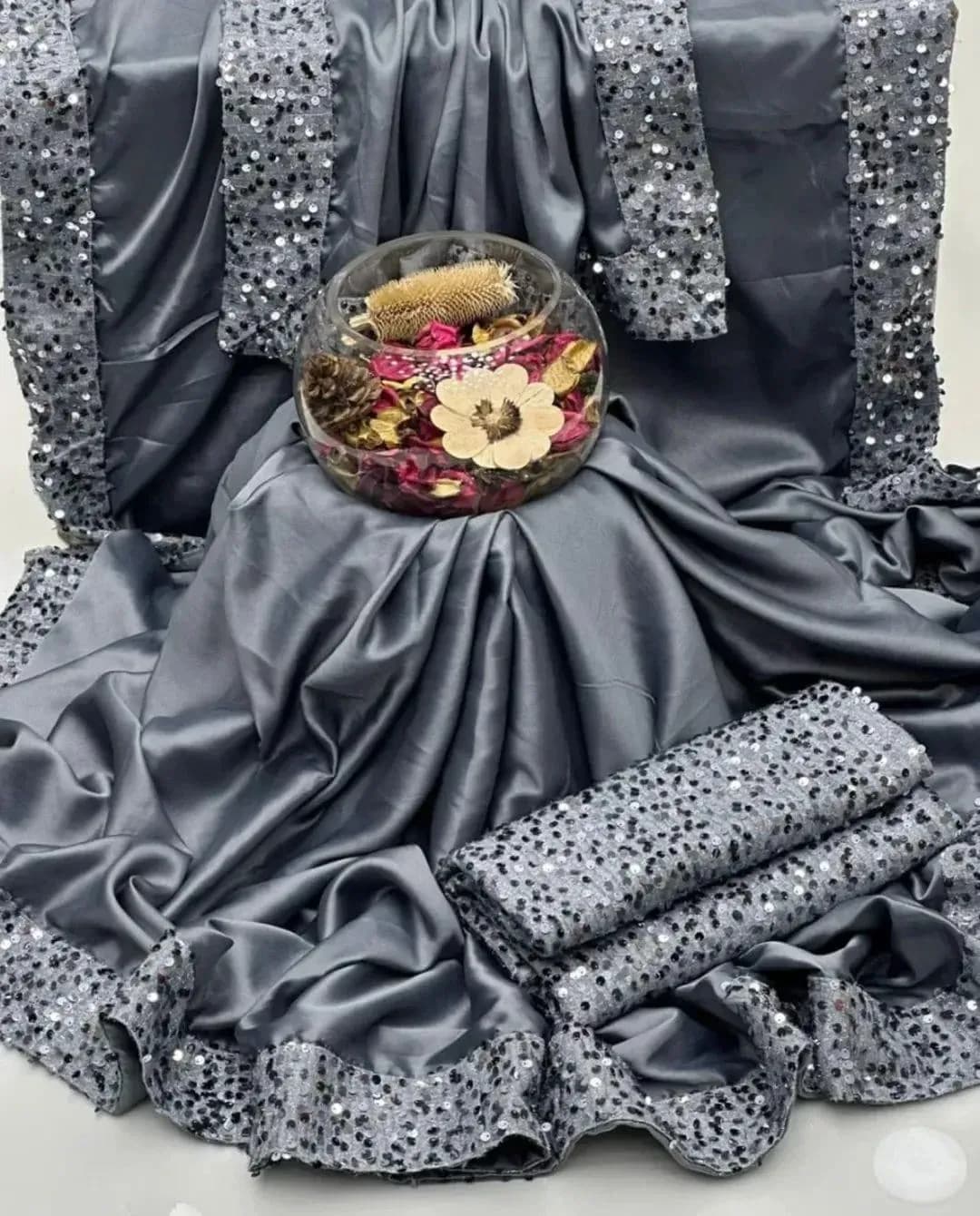 Grey Sequins Embroidered Saree Set for Women