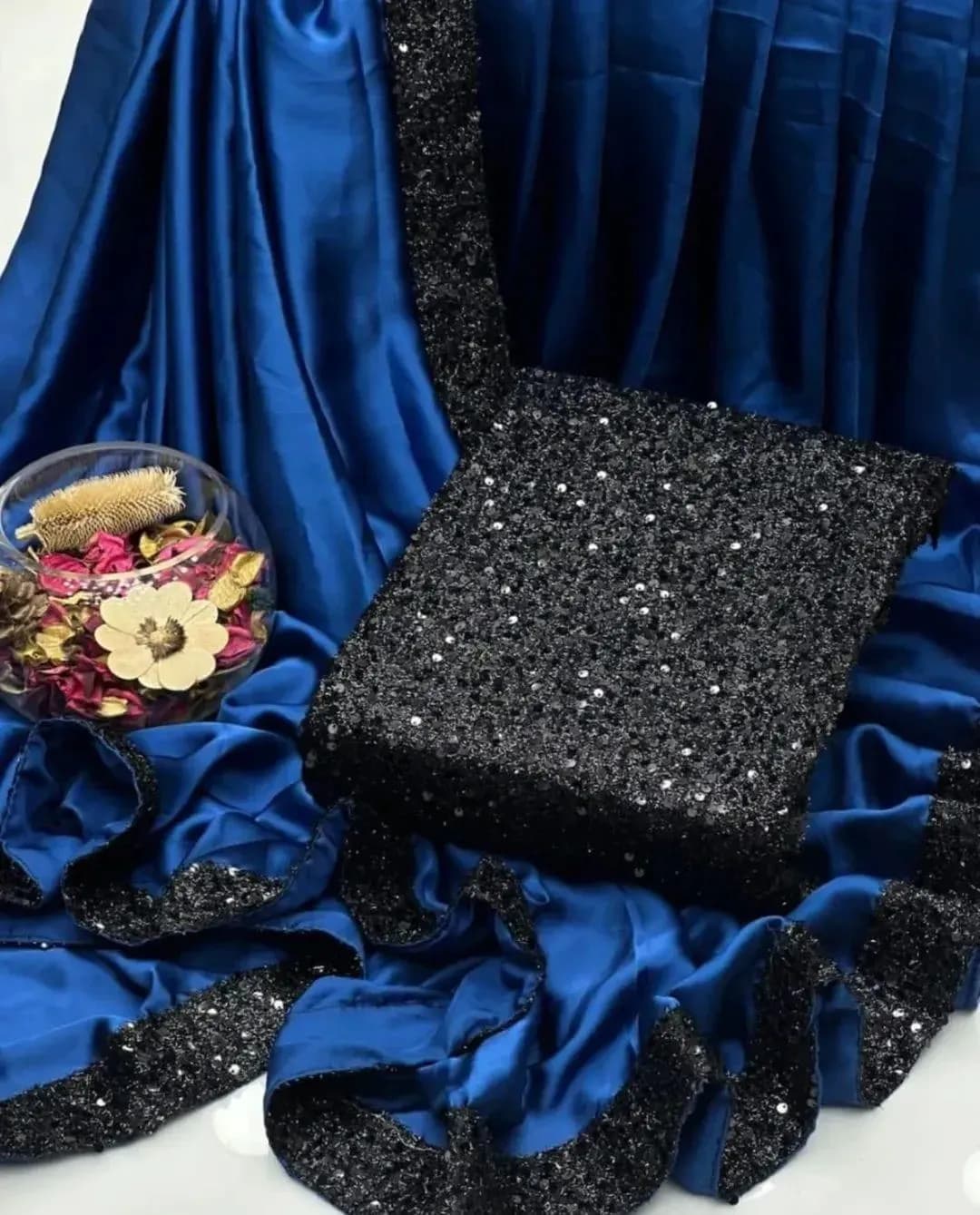 Blue Shamoz Silk Sequence Saree Set 7 Yard Blouse & Sleeves