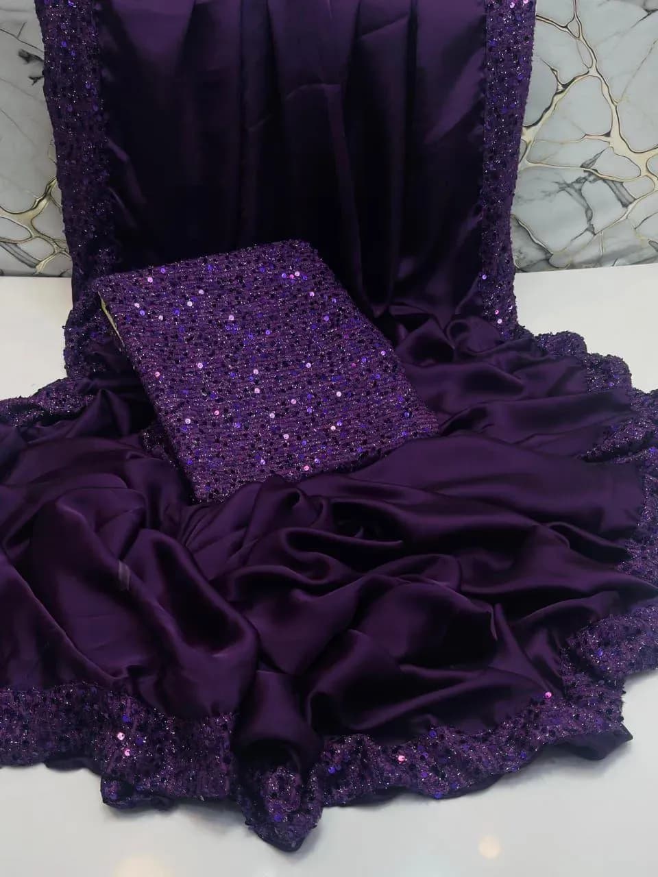 Purple Sequin Embroidered Shamoz Silk Saree Set 7 Yards