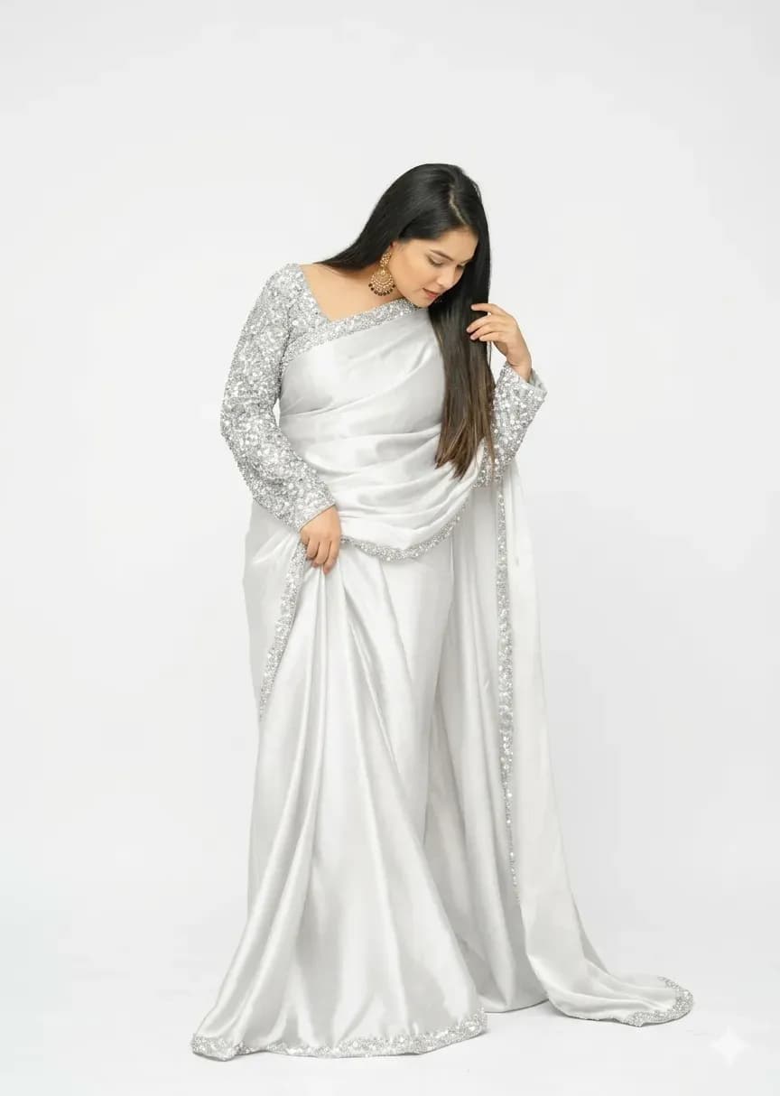 White Sequin Embroidered Saree Set 7 Yard Shamoz Silk