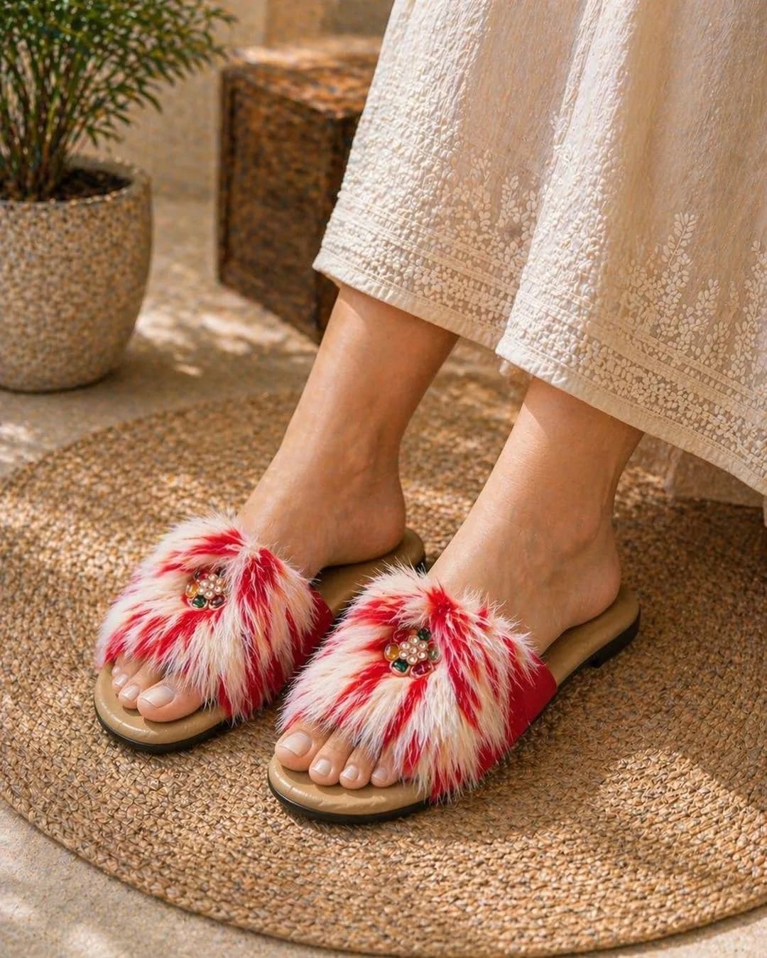 Fluffy Fur Chappal Red White Comfortable Slippers