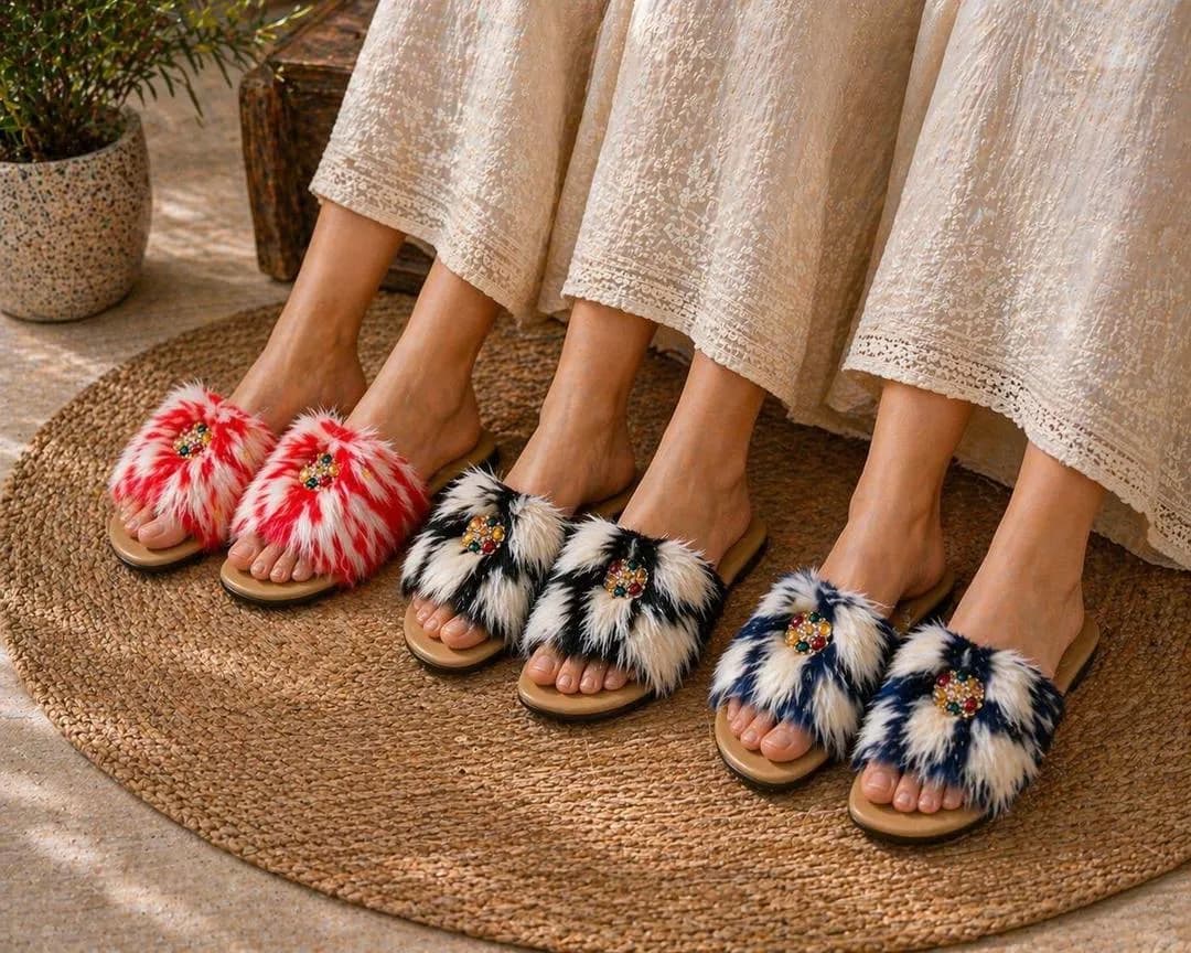 Fluffy Fur Chappal Red White Comfortable Slippers