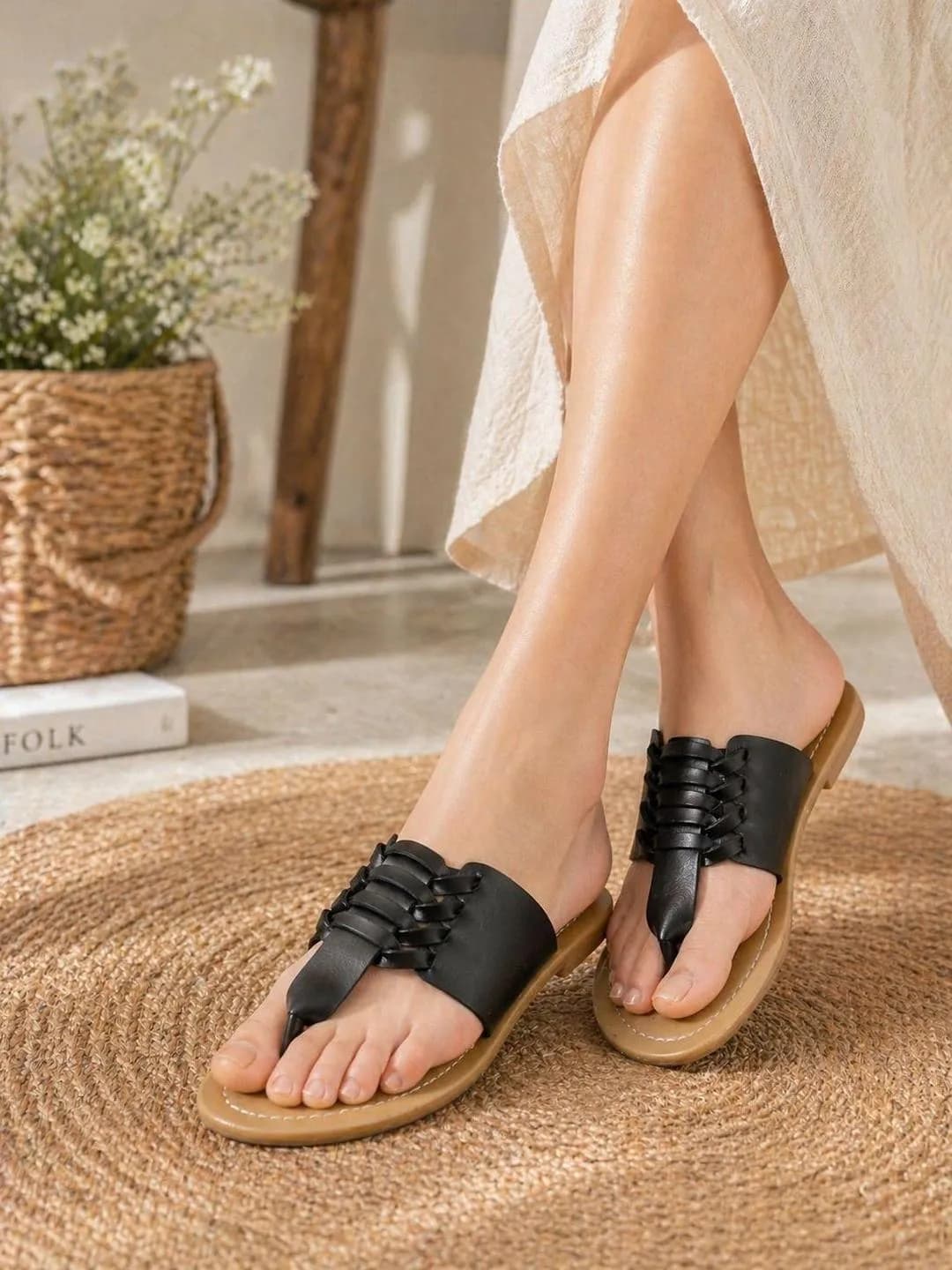 Black Leather Flat Slippers for Women