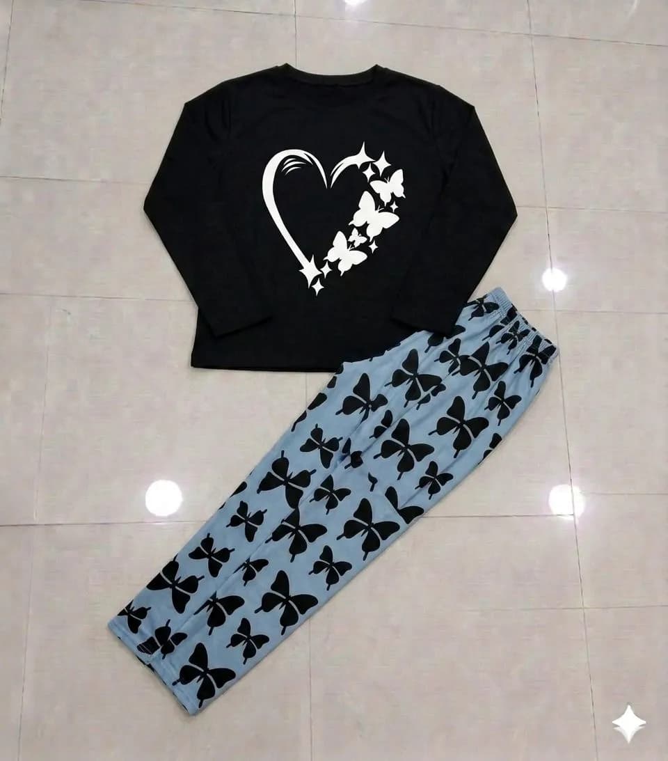 Black Heart Butterfly Night Suit for Women