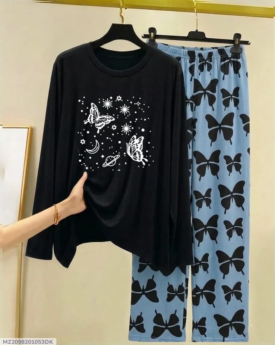 Black Butterfly Print Night Suit for Women