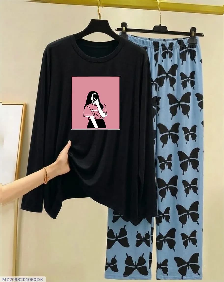 Black Printed Night Suit with Butterfly Pants