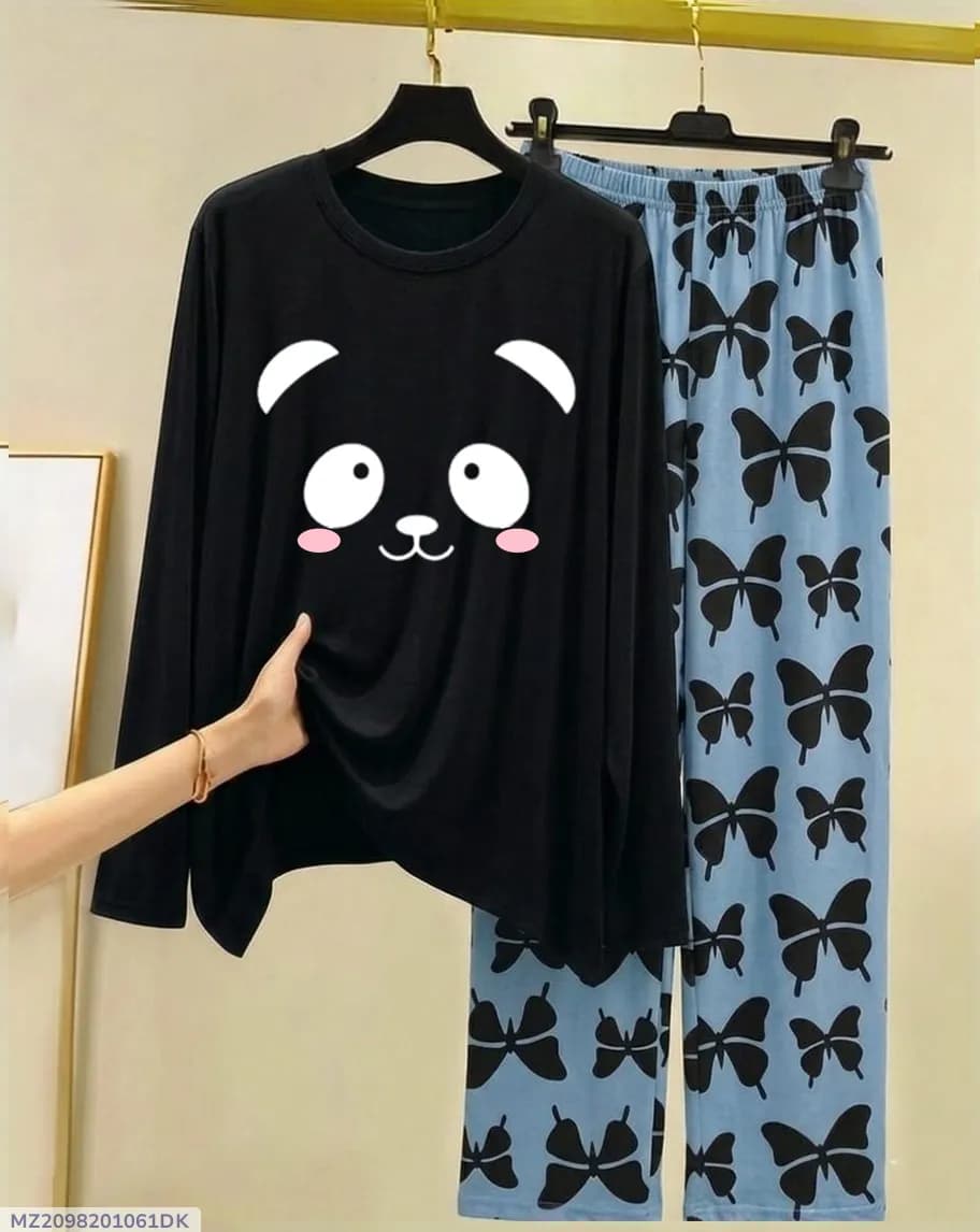 Cute Cat Print Night Suit for Women Black Butterfly Pants