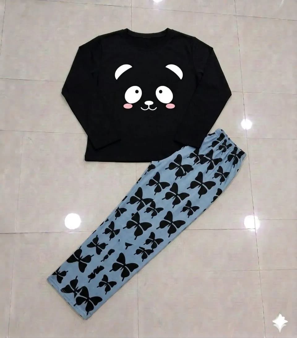 Cute Cat Print Night Suit for Women Black Butterfly Pants