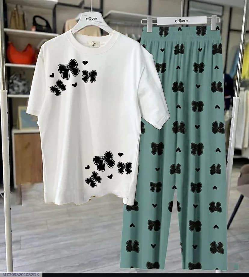 White Butterfly Print Night Suit for Women