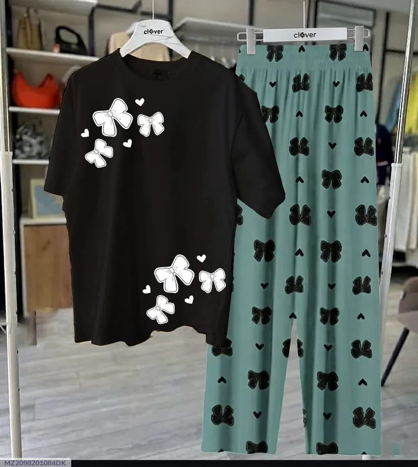 Black Butterfly Print Night Suit Set for Women