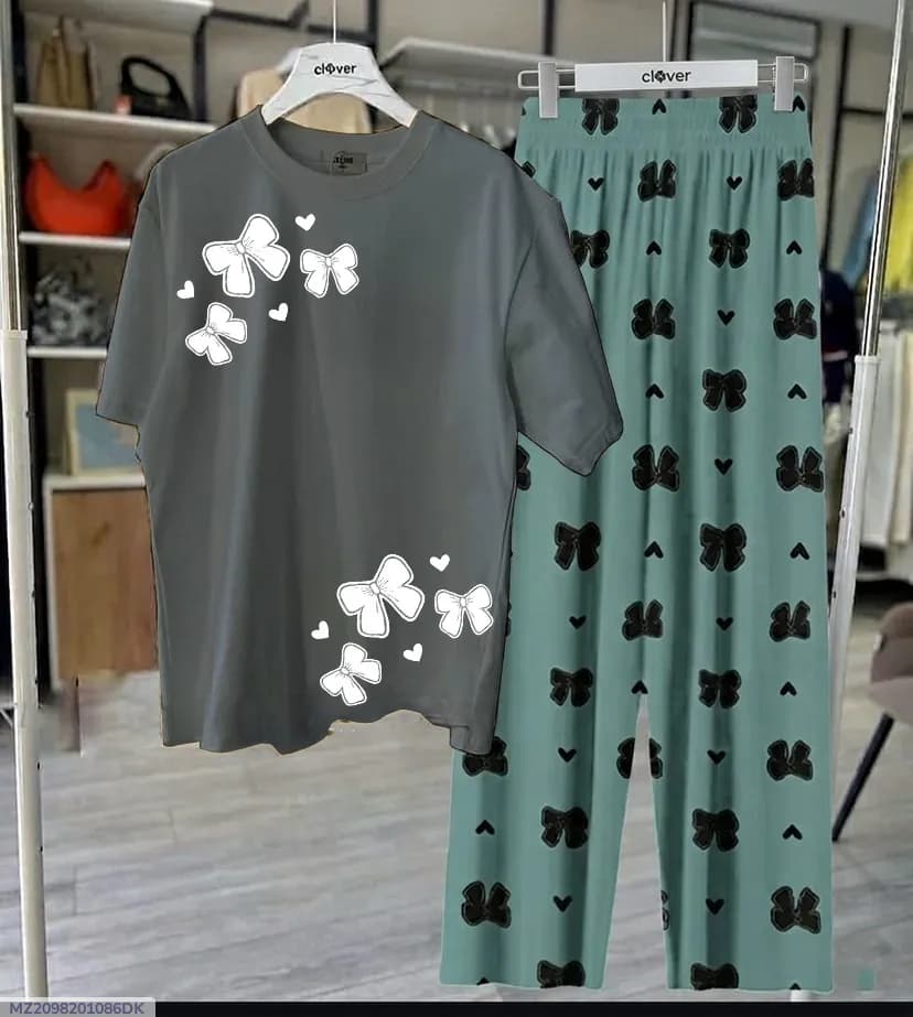 Women Butterfly Print Night Suit Grey Green