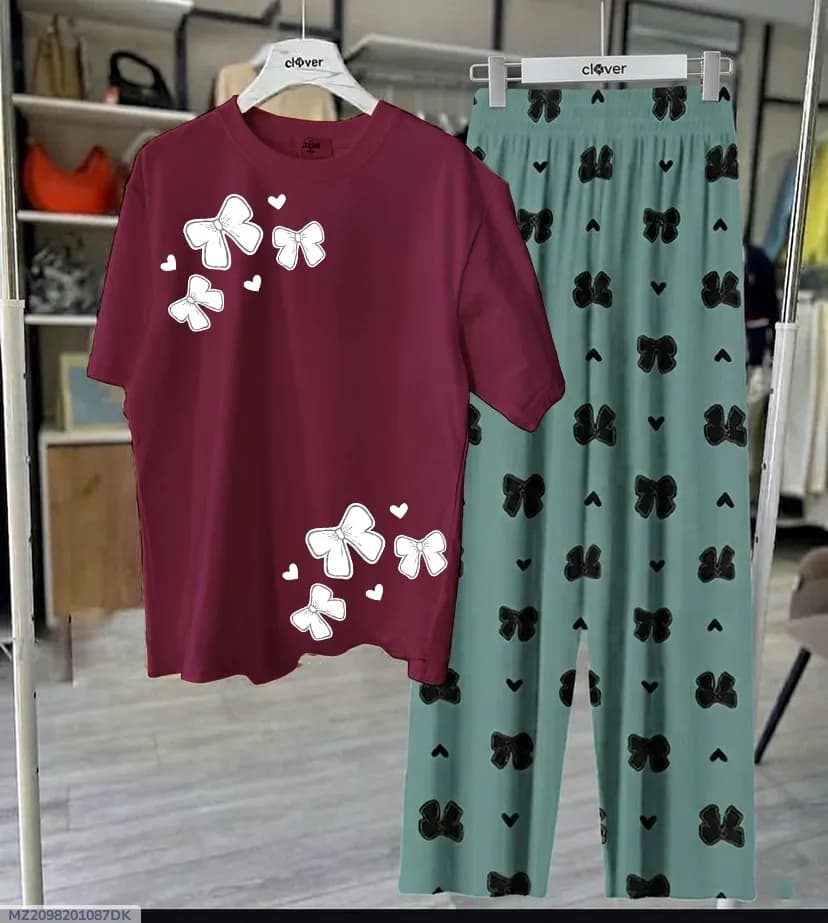 Maroon Butterfly Print Night Suit for Women