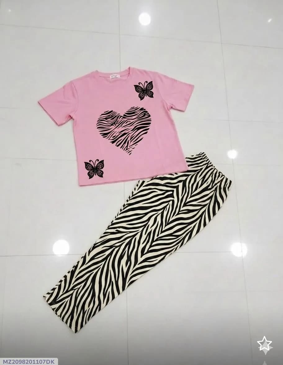 Pink Heart Print Night Suit for Girls Zebra Pants