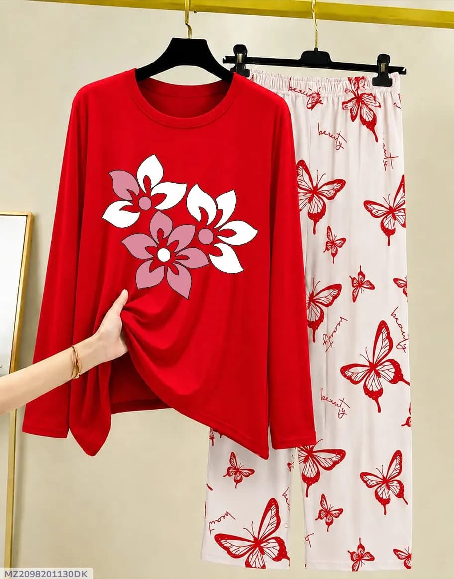 Red Floral Butterfly Night Suit for Women