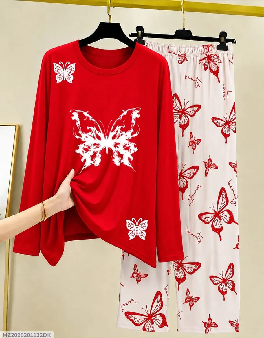 Red Butterfly Butterfly Print Night Suit for Women