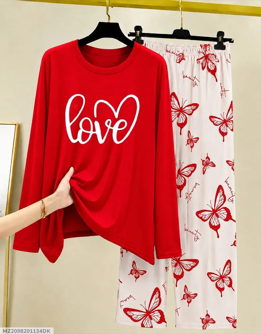 Red Love Butterfly Night Suit for Women